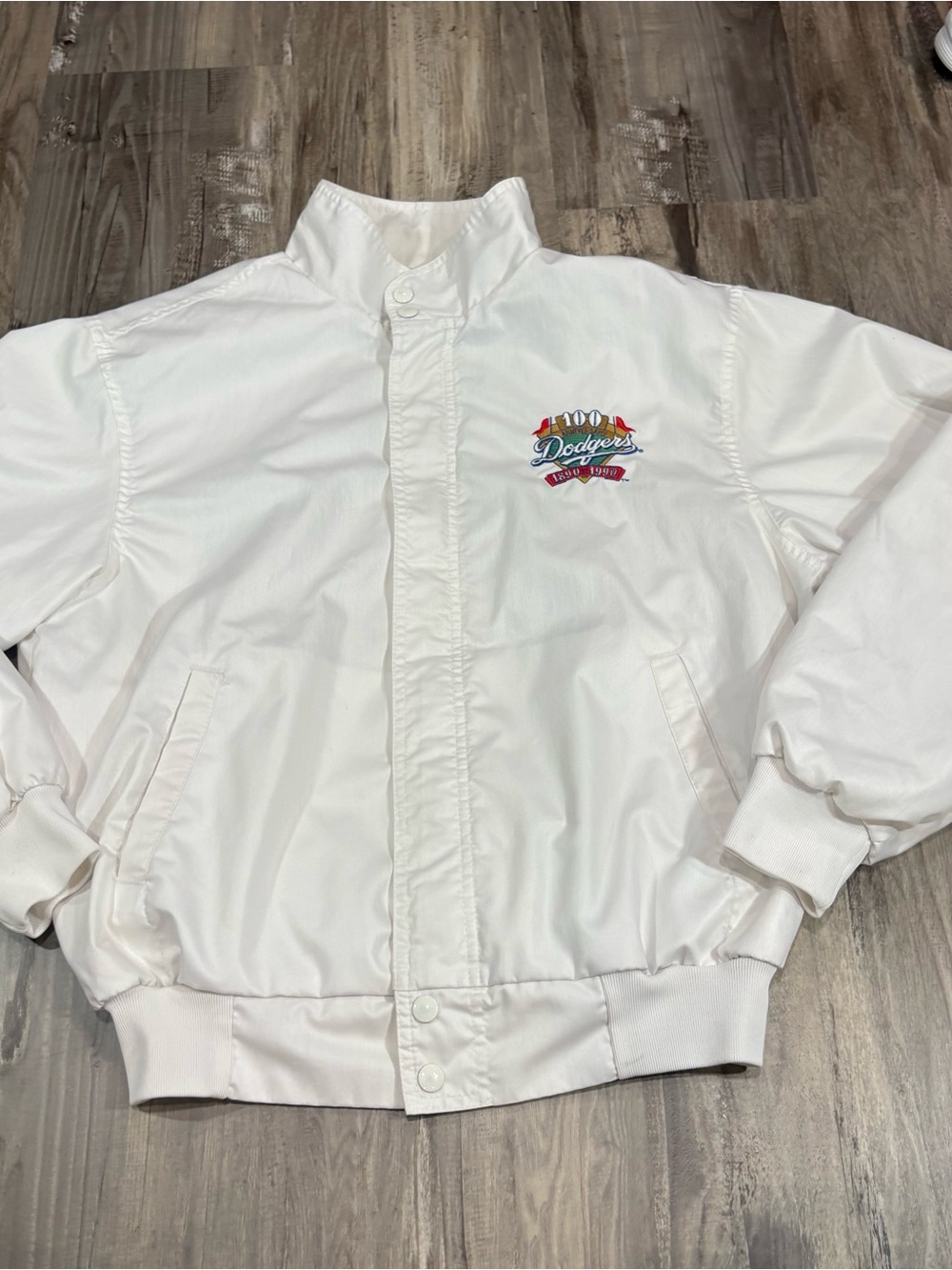 Vintage 1990 Los Angeles Dodgers 100 Year Anniversary White Windbreaker SZ L USA